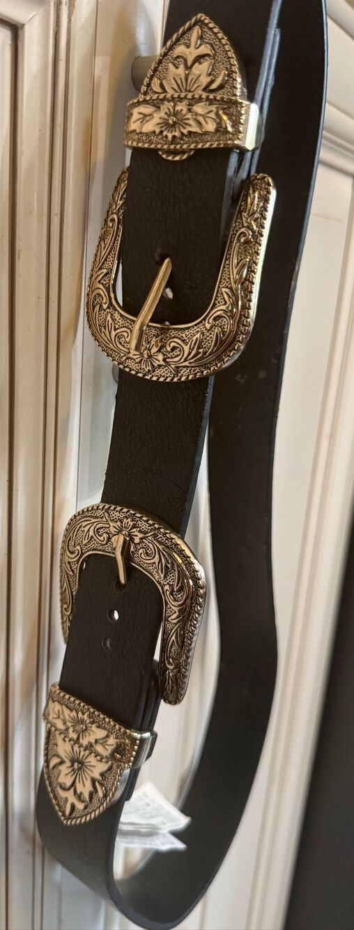 Western Equestrian Women's Beautiful Statement Double Buckle Black Suede Belt